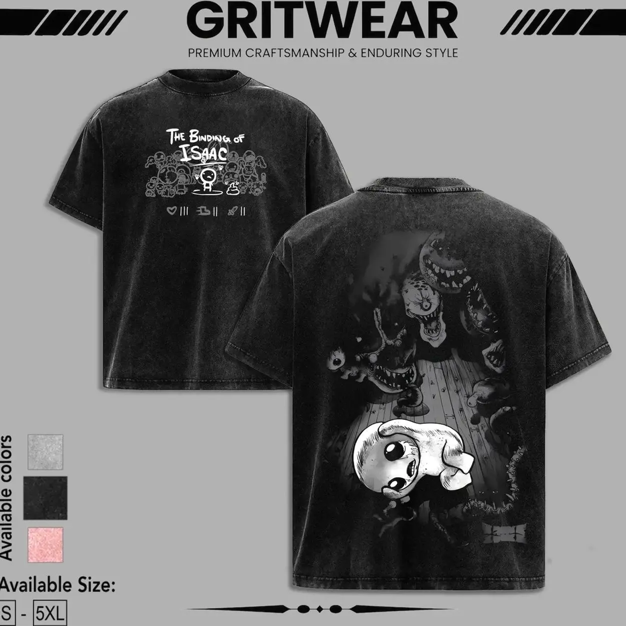 Binding of Isaac indie horror game Oversize Washed Tshirt, Hoodie 2 Sided Soft Cotton unisex Streetwear Tops 90s graphic tees WBT