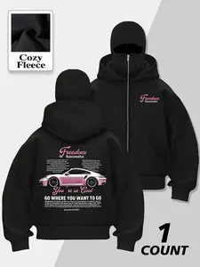 Men's Black Minimalist Balaclava Zip-Up Hoodie, Oversized Edgy Streetwear with Full-Face Mask, Dark Aesthetic & Streetwear Daily Wear。"Freedom is Success" Pink Porsche Printed Full-Zip Loose Fleece Hoodie, a trendy streetwear for car culture enthusiasts a