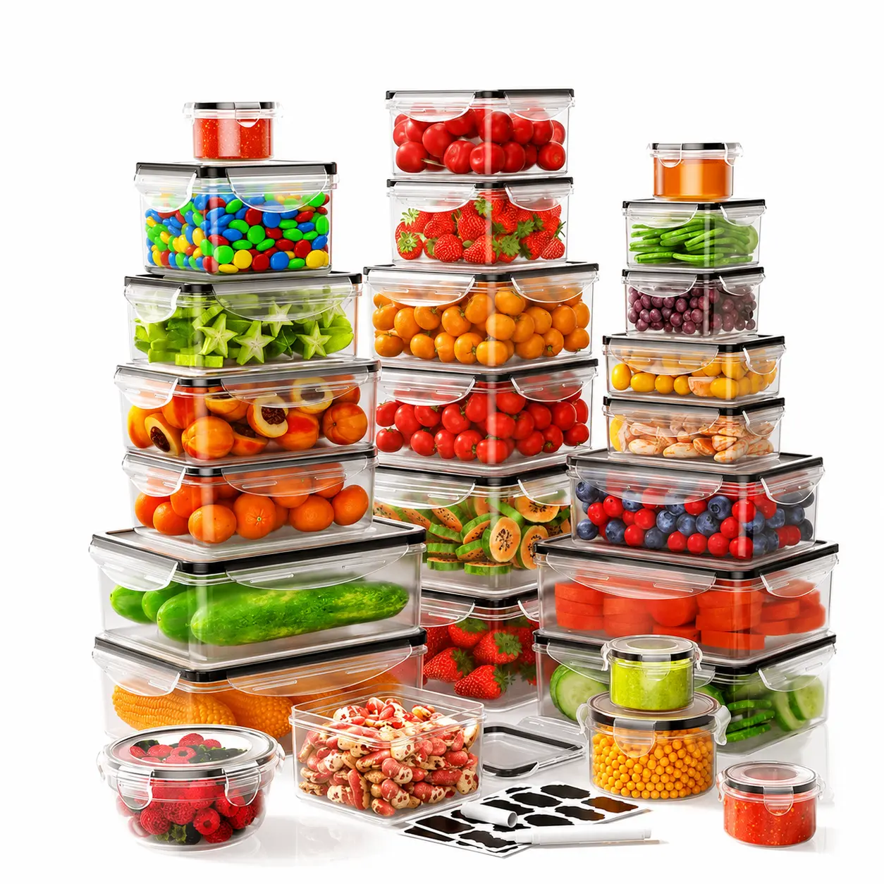 AISOON 40 PCS Extra Large 85oz Plastic Airtight Food Storage Containers Set (20 Containers + 20 Lids) - Square, Round, Rectangular, Leakproof, Reusable, Microwave & Dishwasher Safe, with Labels & Pen for Storage Organization, Kitchen, Utensils, Washable