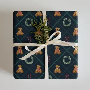 Teddy Bear Christmas Wrapping Paper, Luxury Christmas Wrap, Bear Christmas Gift Wrap, Premium Seasonal Gift Wrap, Tartan Plaid Wrapping Paper