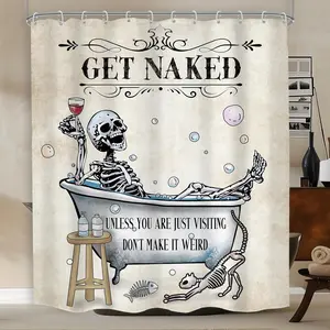 Halloween Funny Skeleton Shower Curtain Gothic Bizarre Unique Cool Bone Bathtub Bubble Horror Cat Fish Retro Horror Bathroom Decoration Shower Curtain Fabric with Hook 72x72 In