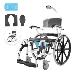 VEVOR Shower Wheelchair, 17.5in Width Aluminum Alloy Bathroom Wheelchair for Inside Shower, Adjustable Rolling Shower Chair w/ Brake for Disabled Adult, 300 lbs Capacity Shower Commode Transport Chai