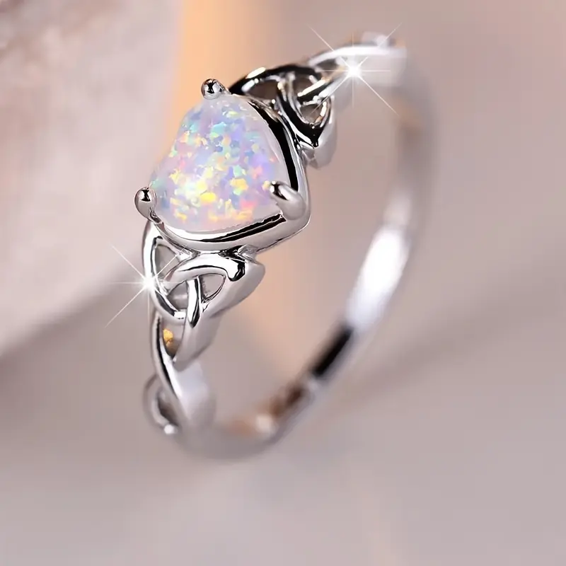 Coquettish Style Celtic Band Commitment Ring - Imitation Opal Acrylic Heart-Inlaid - Girl's Engagement Wedding Gift for Your Love