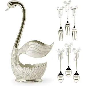 Decorative swan base holder set with 3 spoons and 3 forks—creative flatware for fruit, desserts, stirring sugar, and ice cream (silver).