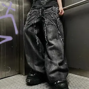 ELI Gothic Retro Oversized Baggy Fit Unisex Mopping Pants Y2K Phantom Jeans High Street Spider Embroidered Patch Hip Hop Streetwear Men's Denim Pockets purple brand jeans Menswear Trouser Beige Black \ Loose grid wardrobe purple jean alamo da Fathersday