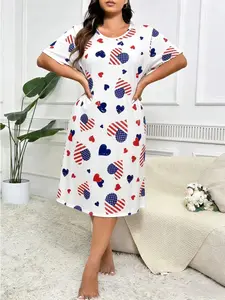 Plus size Women's short-sleeve Cami Lounge Dress, Large-size women's printed casual dress Long Dress for Summer, Ladies Sleepwear for Indoor Wear, Loungewear