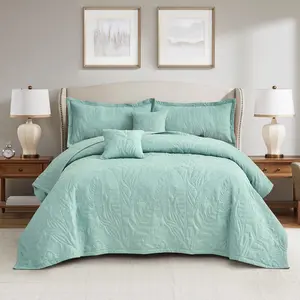 HZ & HY Botanical Oversized King Bedspread Extra Wide, Leaves Pattern Stitching Quilt Set, Elegant & Fresh Style Bedding Cover, Reversible, Lightweight 5 Piece Set