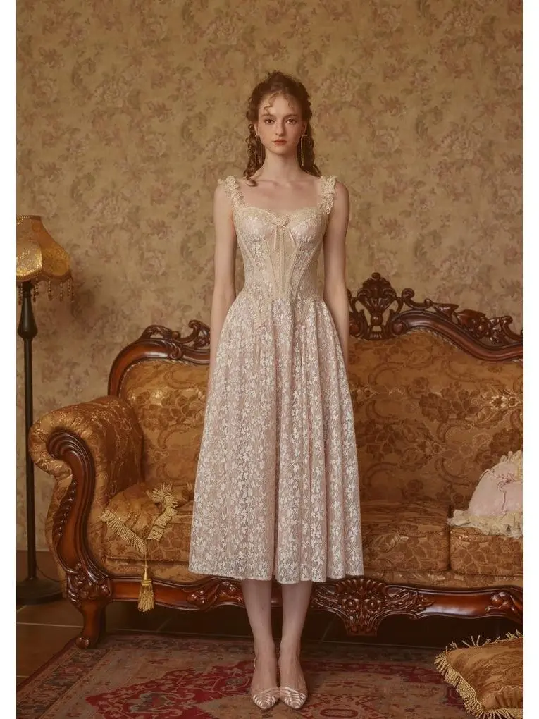 The Glass Candy Corset Dress - Unique 100% Nylon & Gold-Threaded Lace Fabric with Fishbone Support & Exquisite Lace Strap Design Summer Strappy SwimWeek summerwins Sleeveless Womenswear
