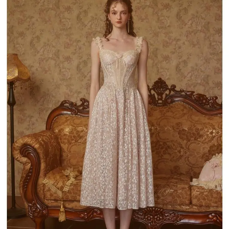 The Glass Candy Corset Dress - Unique 100% Nylon & Gold-Threaded Lace Fabric with Fishbone Support & Exquisite Lace Strap Design Summer Strappy SwimWeek summerwins Sleeveless Womenswear Casual