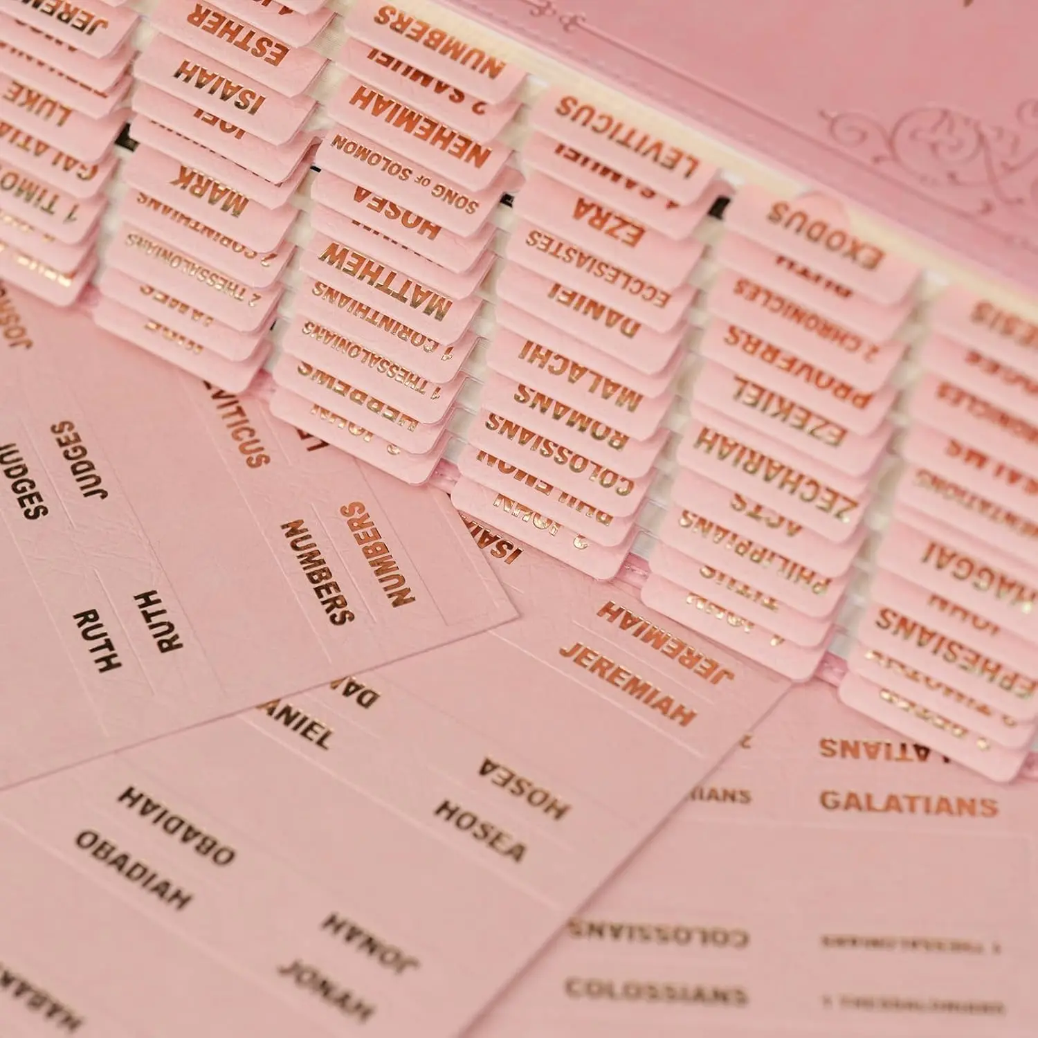 UPAFEXXI-Leather Bible Tabs, Bible Tabs for Women and Men(Gold Foil Lettering) Large Print Stickers, Easy to Read and Apply, 80 Chapters Labels for Easy Navigation (Pink)