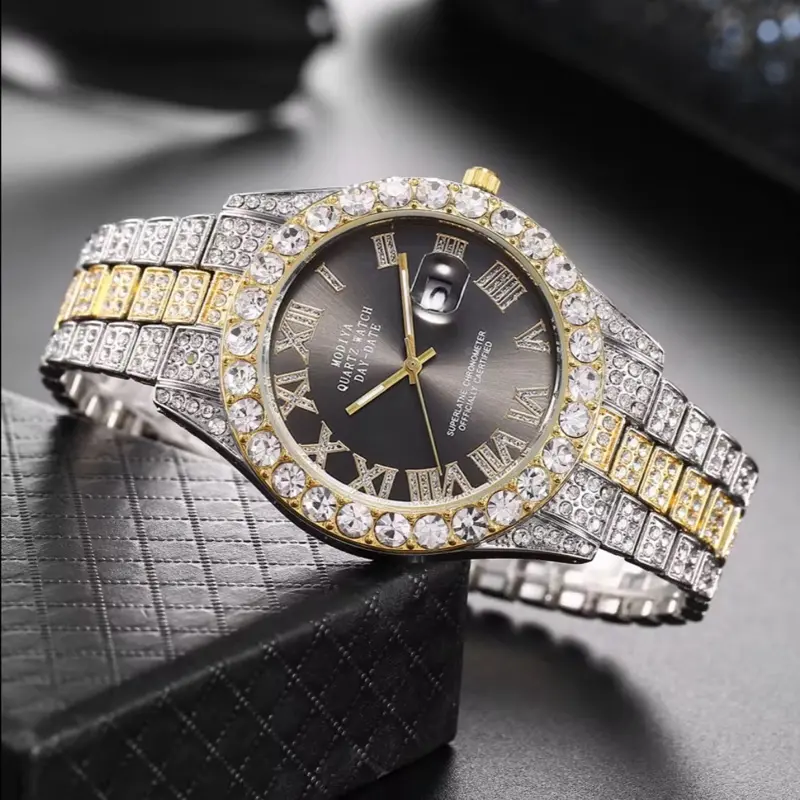 Mens Iced Out Luxury Watch Multicolor Gold Silver Watch