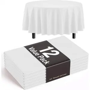 12-Pack Plastic Tablecloth 84 inch Round Value Pack Plastic Table Cover - White