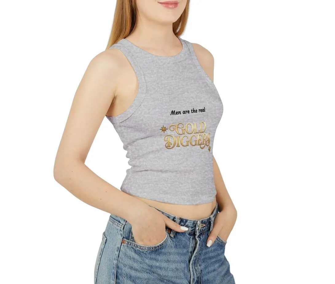 Women's Comfy Stretchy Light Micro Rib Fabric Sleeveless Racerback Tank Top - Basic Chic, Everyday Fit, "Men Are The Real Gold Diggers" Graphic Top