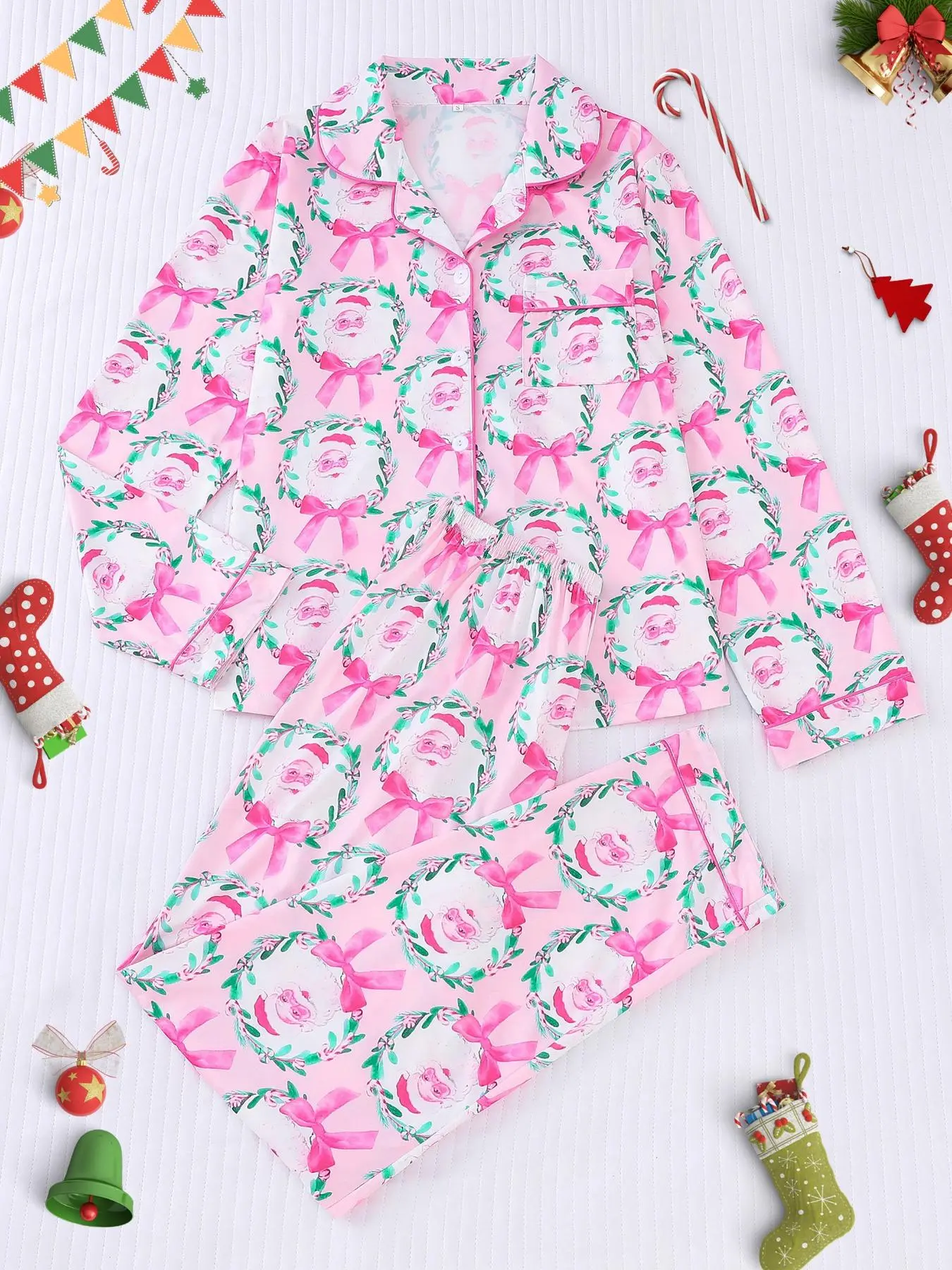 【Christmas】Women's Christmas Pajama Set, Soft Long Sleeve Shirt & Elastic Pants, Holiday Party Sleepwear, Casual Fall Winter Home Wear