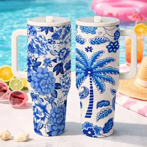 1pc 40oz Stainless Steel Tumbler, Vacuum Insulated Tumbler, Blue Floral and Tropical Palm Tree Print Portable Travel Mug, Cream White Handle Cup with Lid and Straw, Insulated Iced Coffee Tumbler for Women, coffee cups tea set gift