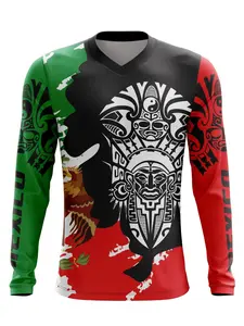 Men's Long Sleeve V-Neck Mexican Print Shirt, Outdoor Cycling Top, Sporty Fitted Design, Casual Wear for All Seasons