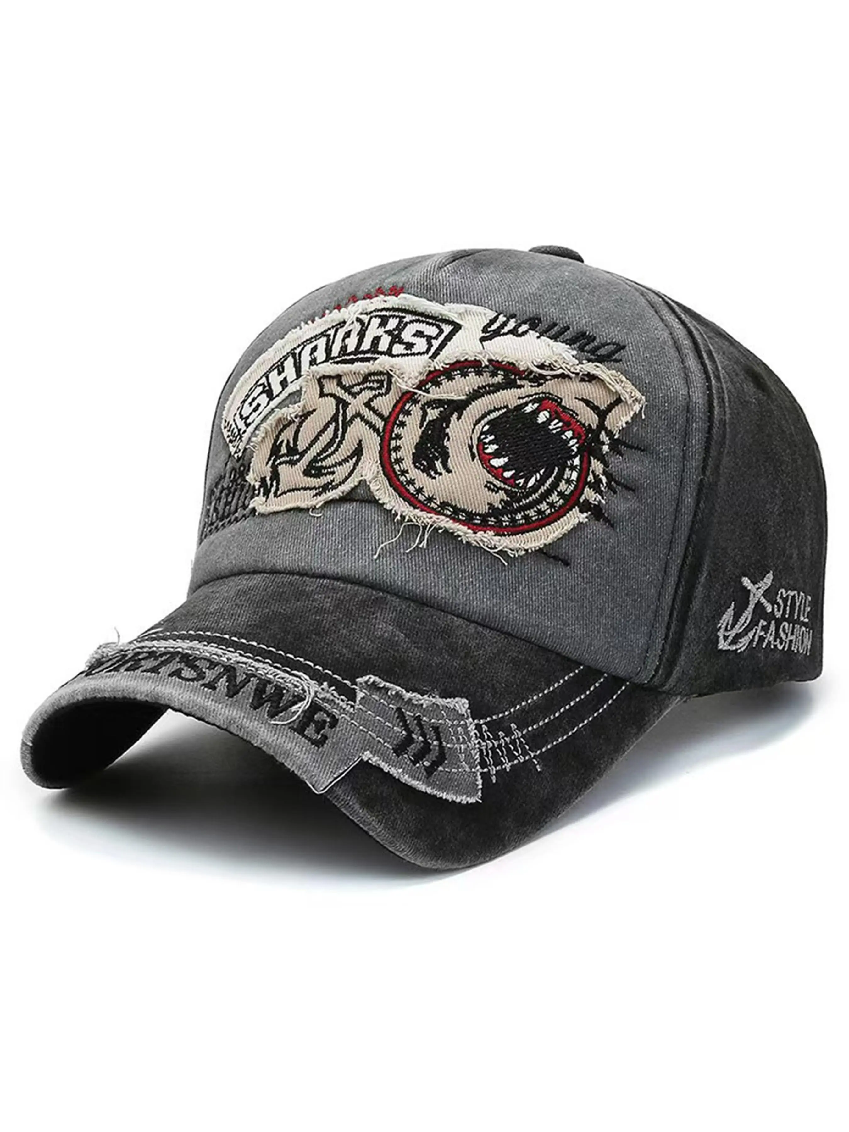 1pcs Shark Embroidery Washed Baseball Hat, Unisex Vintage Ripped Dad Hat, Punk Street Style Sun Hat for Daily Wear, Embroidered Cap
