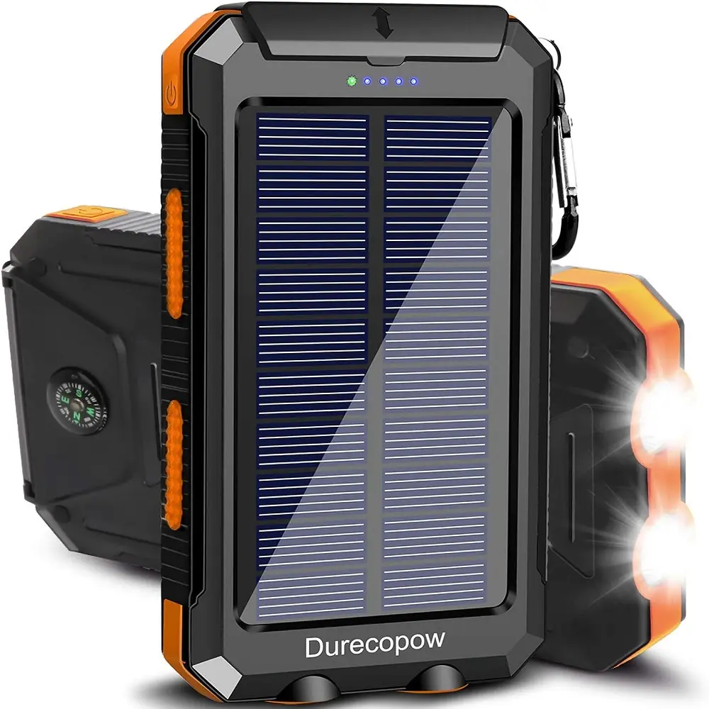 10000 mAh Portable Solar Power Bank with Solar Panels, Solar Powered Charger with Dual LED Flashlights, Power Bank for Travel, Camping, Travel Gadgets, Solar Cell Powered