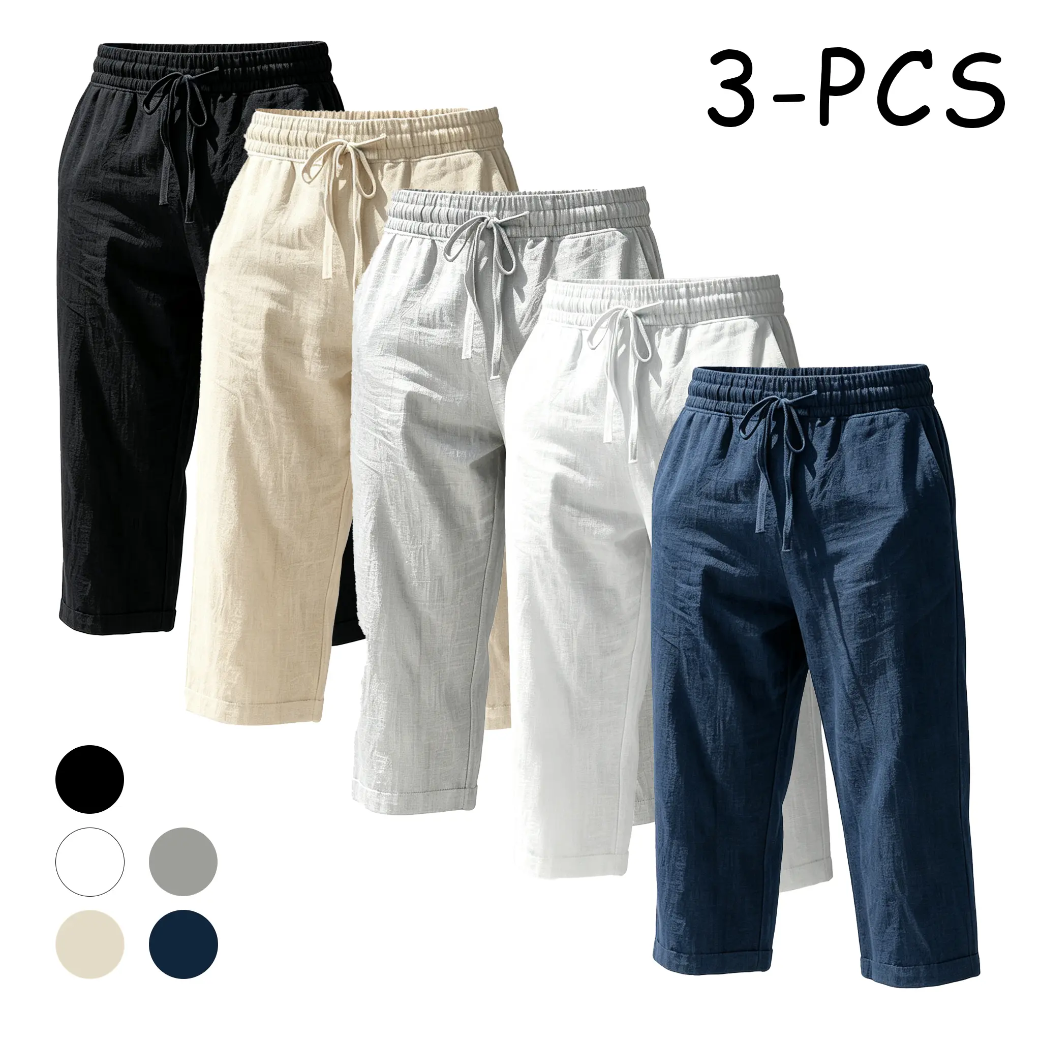 Pack of 3: men’s breathable loose drawstring straight-leg casual pants, 7/8 length; summer Lyocell linen flat-front pants suitable for vacations, beach, and everyday wear. street style