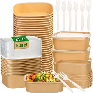 50-Pack 29oz Disposable  Paper Bowls with  and ForksRectangle Cardboard Meal PrepContainers,Paper Leakproof  Containers,Soup Serving Bowl for Hot/Cold -Microwave Safe (29oz 50Count)