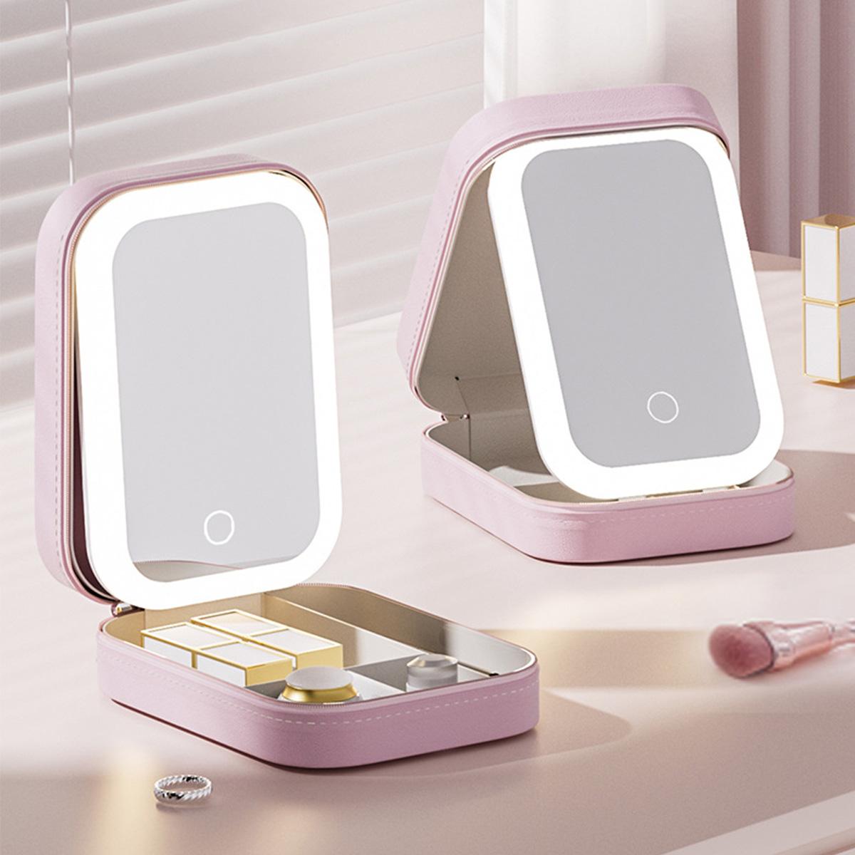 Portable Large Capacity Makeup Bag with LED Mirror, Adjustable Brightness LED Light Cosmetic Storage Containers Set, Travel Makeup Organizer