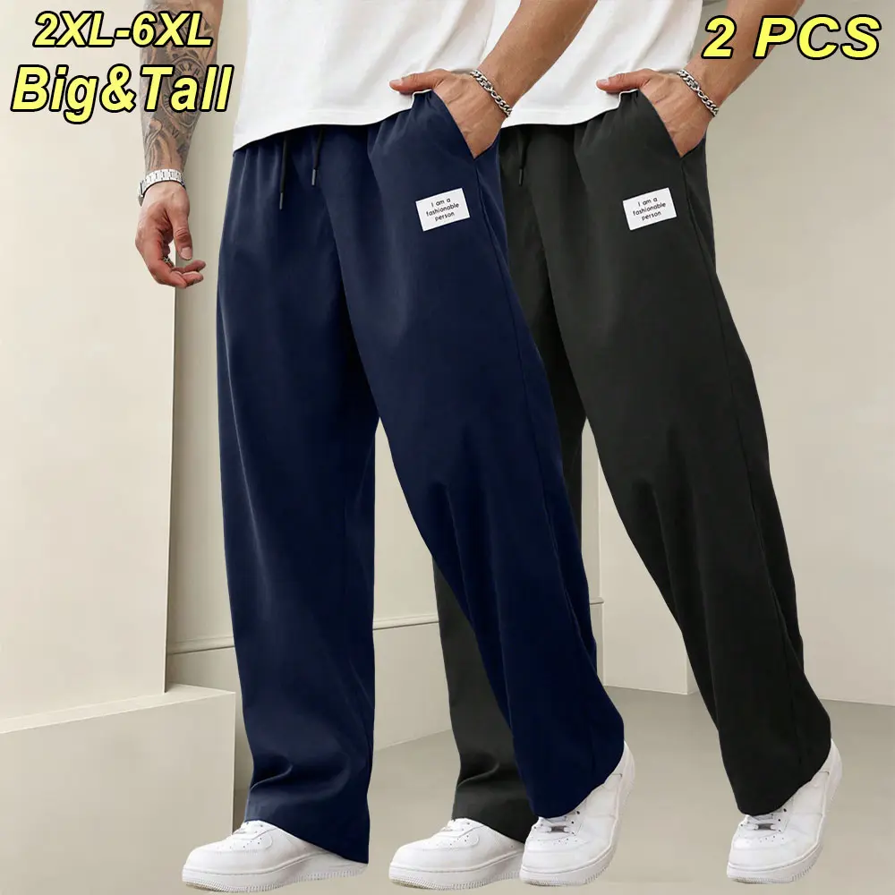 2XL–6XL Plus Size Men’s Straight Casual Pants — Extra Wide Loose Fit with Drapey Fabric, Elastic Waist Drawstring Jogger Sweatpants, Stylish Tag Design; suitable for home leisure, fashion styling, and everyday commuting.