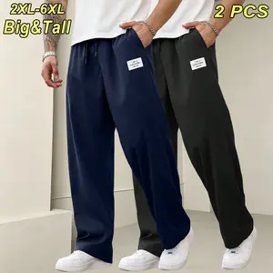 2XL–6XL Plus Size Men’s Straight Casual Pants — Extra Wide Loose Fit with Drapey Fabric, Elastic Waist Drawstring Jogger Sweatpants, Stylish Tag Design; suitable for home leisure, fashion styling, and everyday commuting.