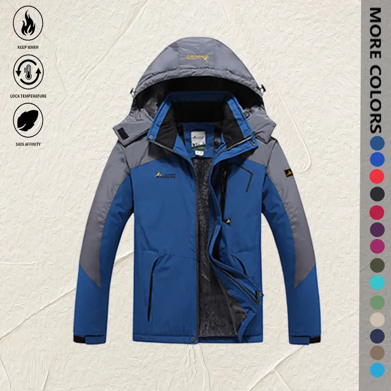 Men's Color Block Fleece Lined Hooded Jacket, Windproof Waterproof Winter Outdoor Hiking Ski Coat, Multi-Pocket Thermal Warm Snow Jacket