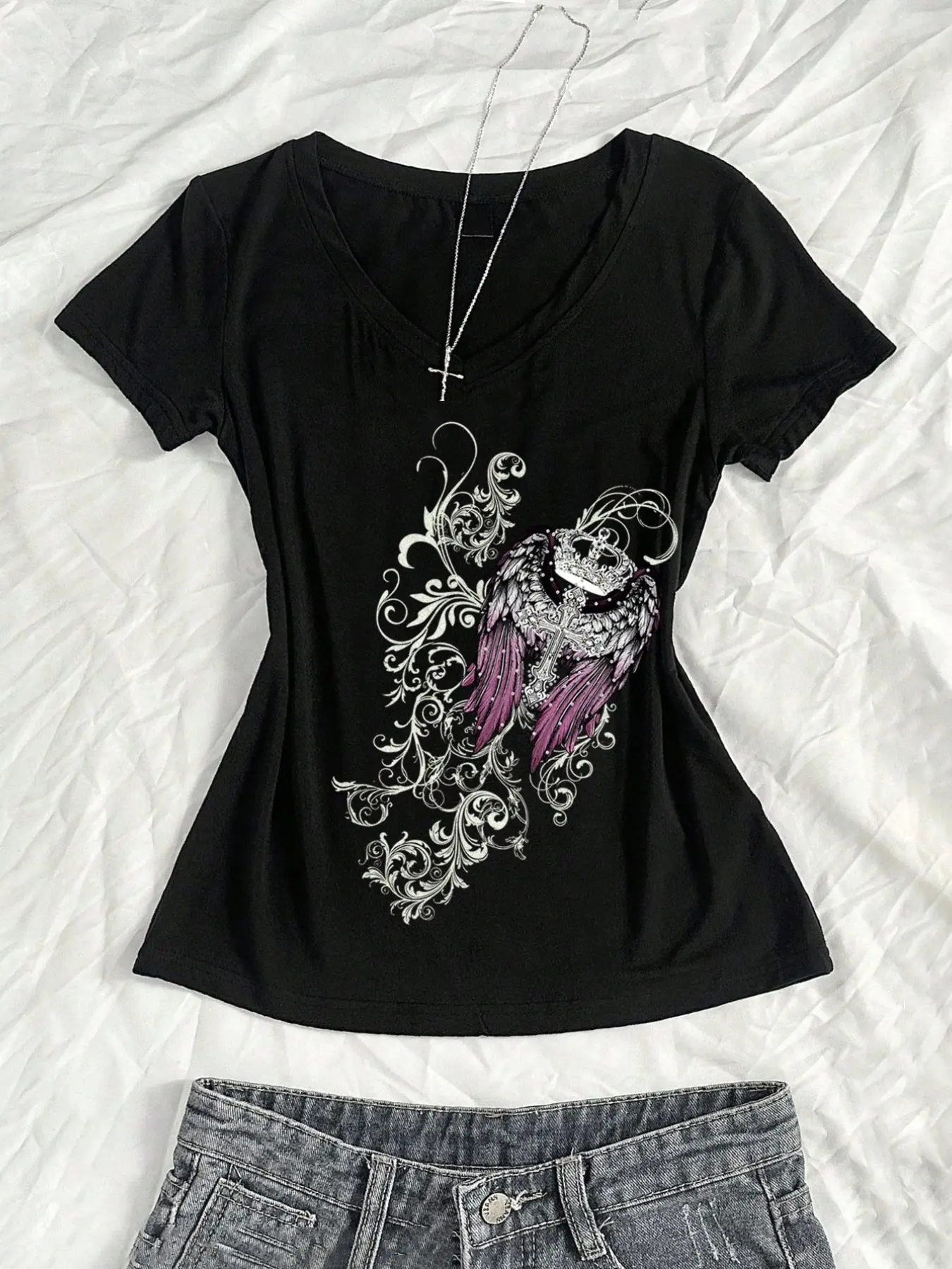 Grunge Gothic Angel Wings Baby Tee – Y2K slim fit V-neck stretch cotton, soft breathable, vintage pink wing & baroque print, streetwear, for daily, concert, party, edgy aesthetic, TikTok viral, alt girls, e-girls, fairy grunge lovers