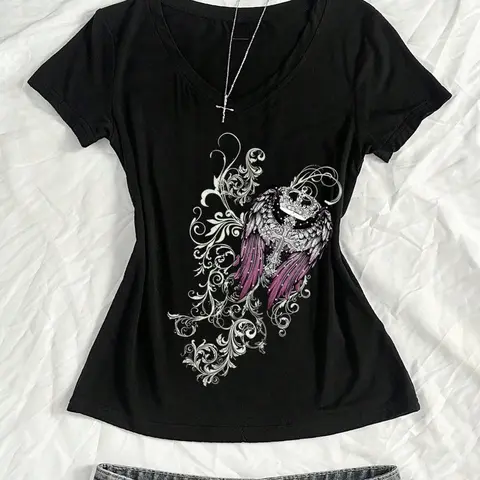Grunge Gothic Angel Wings Baby Tee – Y2K slim fit V-neck stretch cotton, soft breathable, vintage pink wing & baroque print, streetwear, for daily, concert, party, edgy aesthetic, TikTok viral, alt girls, e-girls, fairy grunge lovers