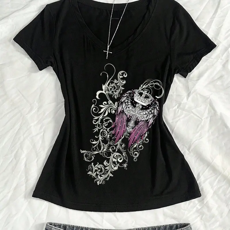 Grunge Gothic Angel Wings Baby Tee – Y2K slim fit V-neck stretch cotton, soft breathable, vintage pink wing & baroque print, streetwear, for daily, concert, party, edgy aesthetic, TikTok viral, alt girls, e-girls, fairy grunge lovers