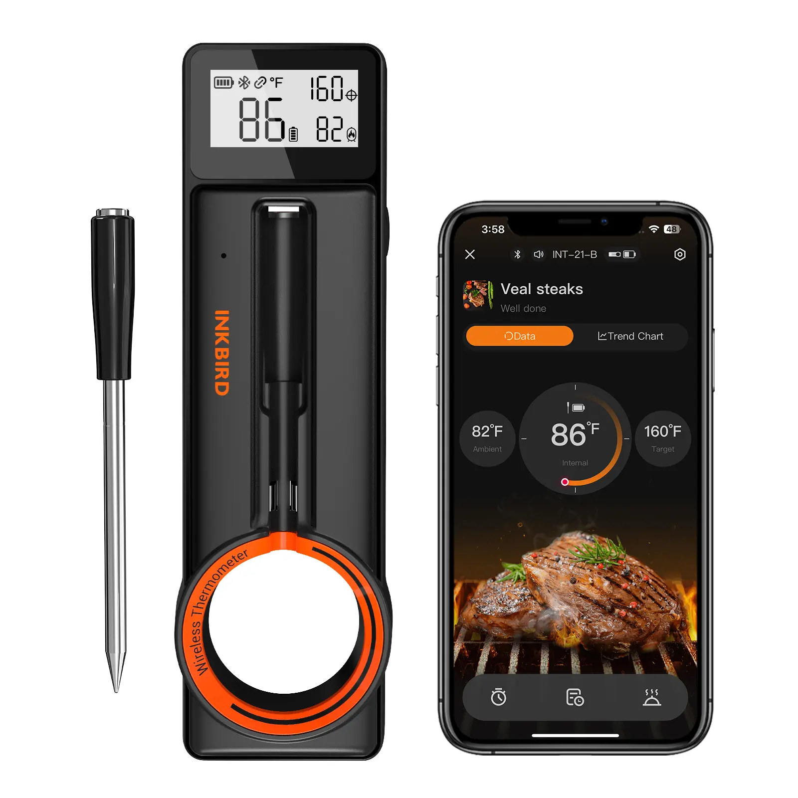 INKBIRD INT‑21‑B Bluetooth 5.4 Meat Thermometer 5MM Ultra‑Thin Probe IP67 Waterproof｜Smart BBQ Cooking Thermometer with Temperature Alarm 60Min Offline Storage, Ideal Gift for BBQ Lovers Outdoor Grilling Smoking