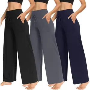 3-pack of women's wide-leg pants with pockets – casual, relaxed, yoga pants, athletic pants, casual lounge pants.