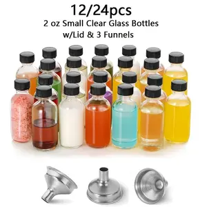 12/24 Pack, 2 oz Small Clear Glass Bottles w/Lid & 3 Stainless Steel Funnels - 60ml Boston Sample Bottles - Mini Travel Essential or Decorative Bottles for Potion, Juice, Wellness, Ginger Shots, Whiskey