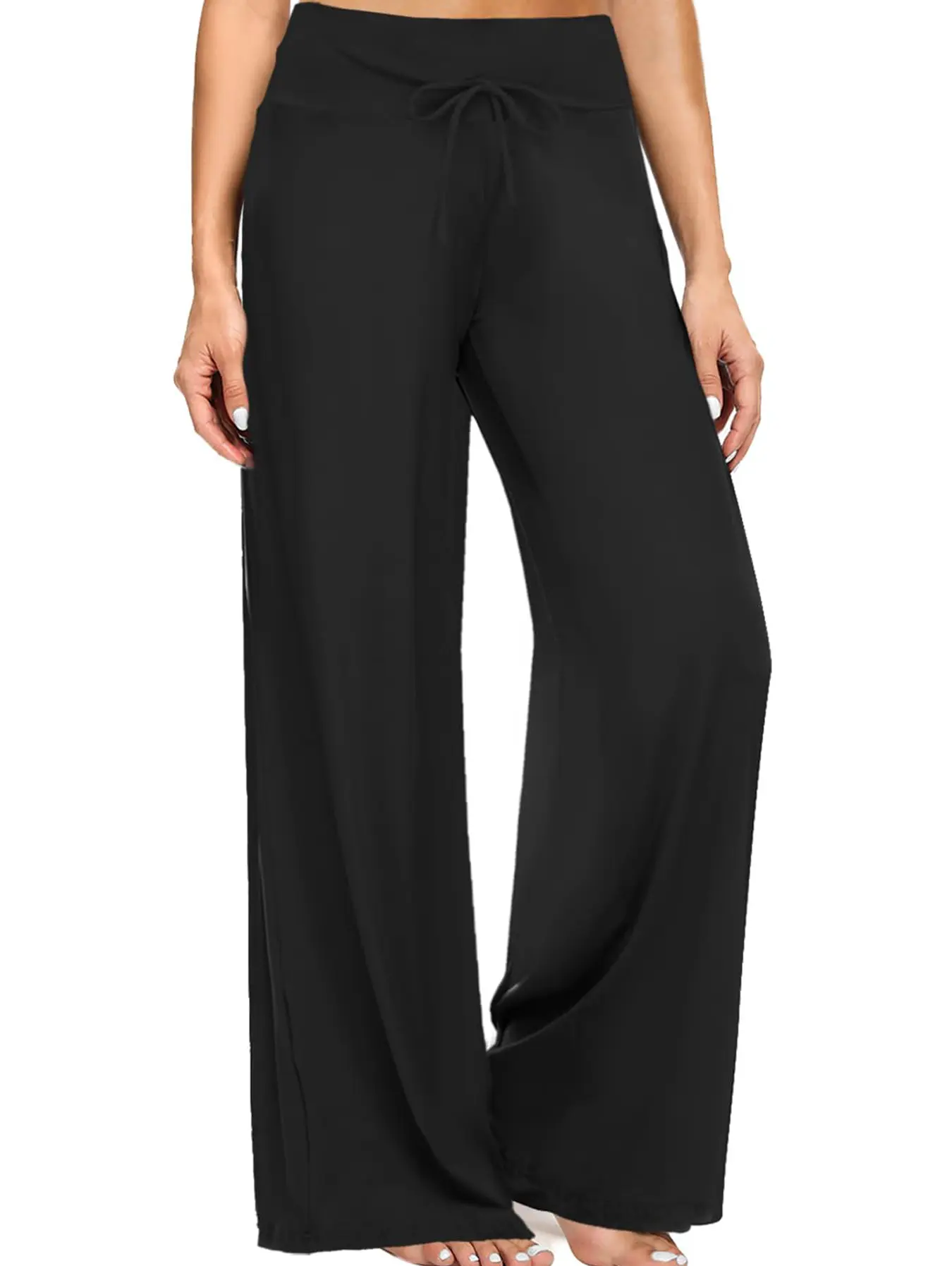 Women's High Waisted Expandable Wrap Front Capri Pajama Pants - 30" Soft Black Smooth Baggy Wide-Leg, Adjustable Drawstring Elastic Palazzo, Stretchy Polyester Elastane, Custom Fit, All Season Casual Lounge Bottoms, Dry Clean, XXL