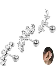 Glamorous 3 Pcs Silvery Shining Cartilage Earrings Stainless Steel Stylish Helix Piercing Jewelry for Women Men Sparkling CZ Sparkling Zirconia Conch Daith Tragus Piercing Jewelry Leaf Screw Back Stud Earrings Set