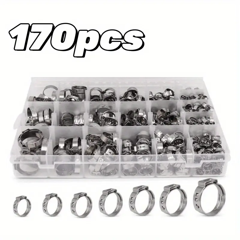 170 Pcs 304 Stainless Steel Single Ear Hose Clamp Set,Including 11 Sizes 1/4-1 Inch Constant Crimp Stepless Cinch Rings Crimp Assortment Kit for Water Pipe,Christmas Party Gifts,Hand Tools Kits