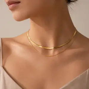 Gold Layered Necklace Set Stainless Steel Snake Chain & Herringbone Choker