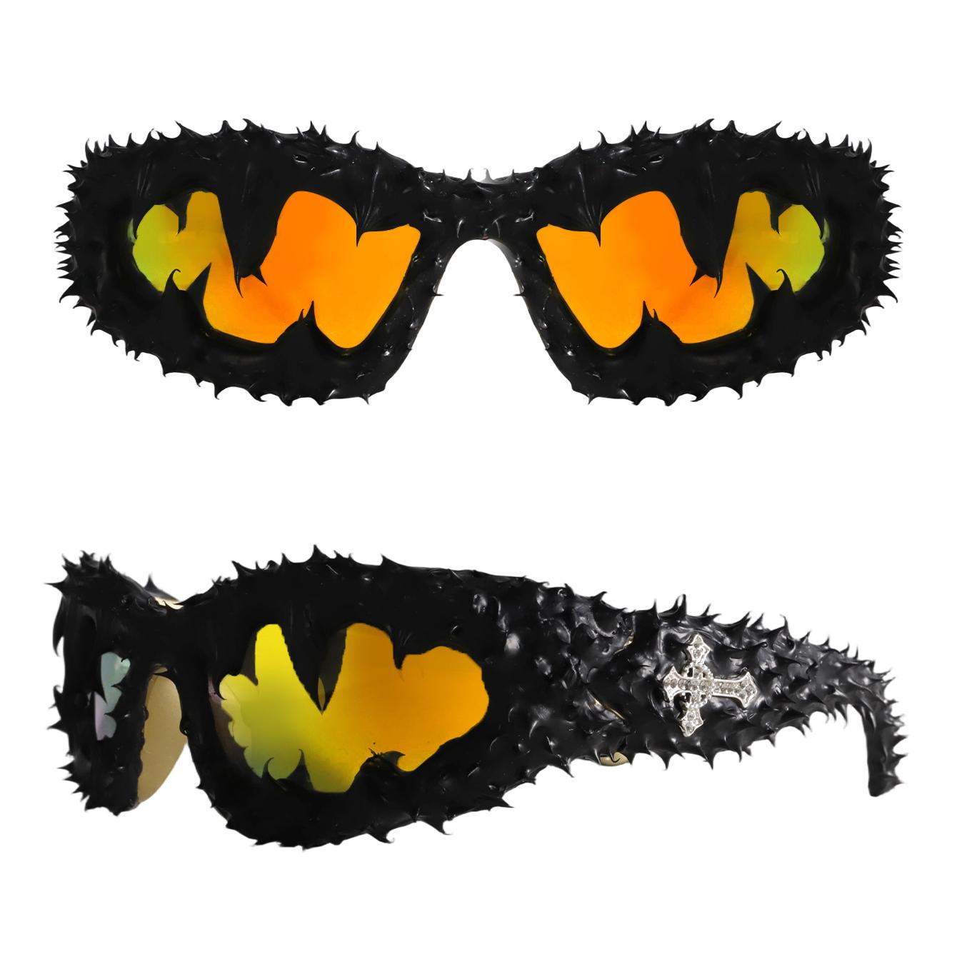 Edgy Spiked Wraparound Sunglasses - Brutalist Textured Frame with Bling Cross Embellishments, UV400 Shades Perfect for Cyberpunk Alt Girl Aesthetic and Festival Statement Looks