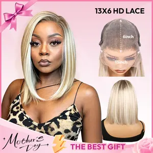 [Summer Vibes] VSIGN 13x6 HD lace Front Ombre Ash Blonde Mixed Brown and Blonde Color Bob Style Mother's Day Gift Summervibes Natural Looking Synthetic Heat Resistant Fiber For Women