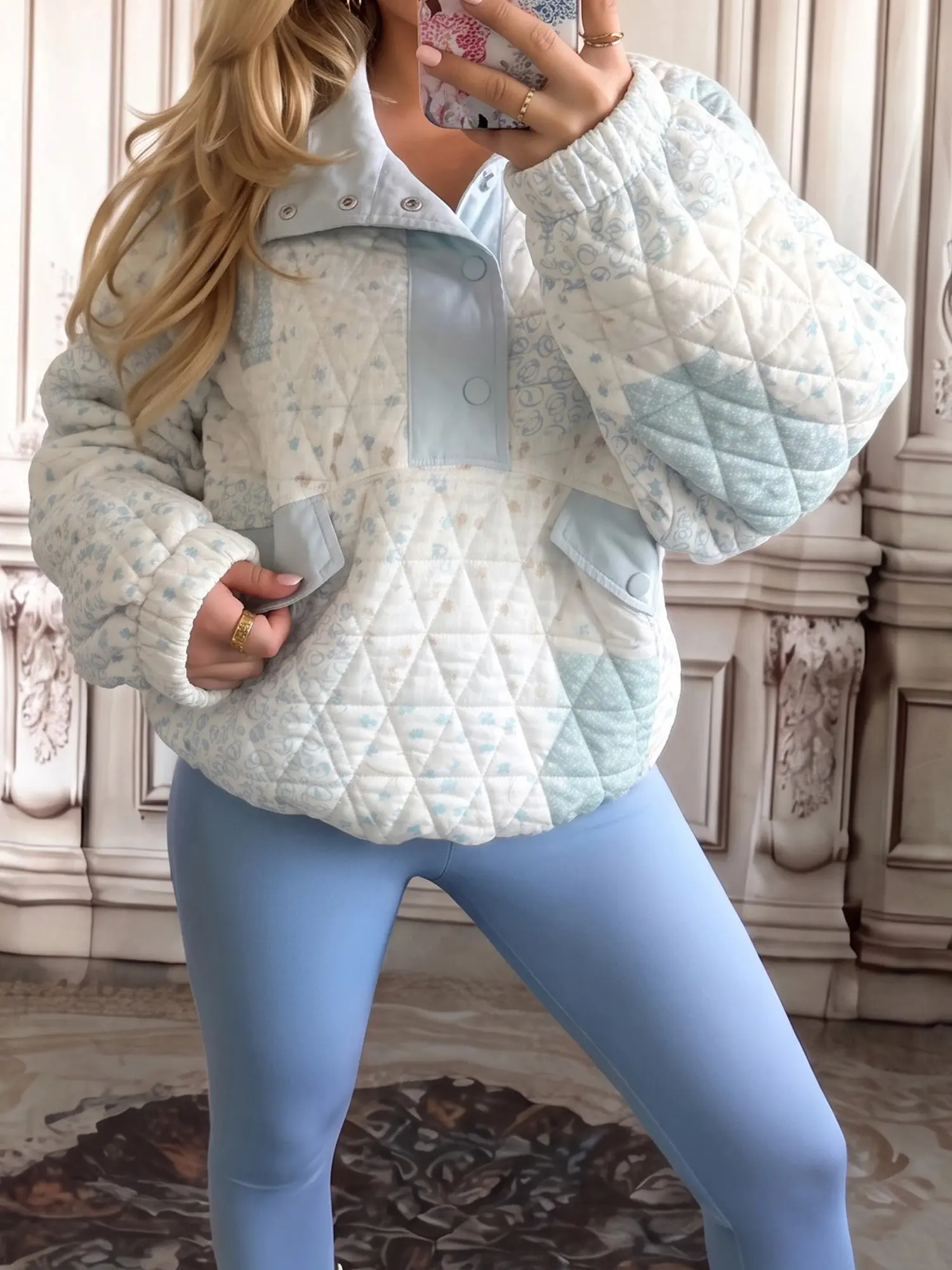 Women’s Floral Quilted Pullover Sweatshirt, Half Button Long Sleeve Casual Top with Functional Pockets, Relaxed Fit Textured Shirt for Everyday Wear, Fall and Winter, Womenswear, Everyday, Style, Tops
