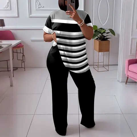 Women's Plus Size Top Adjustable 2-Piece Matching Clothes for Women - Light Short Sleeve Round Neck Striped T-Shirt, Solid Elastic Waist Wide-Leg Pants, Medium Stretch Knit Fabric, Slimming Office Wear for Spring/Fall