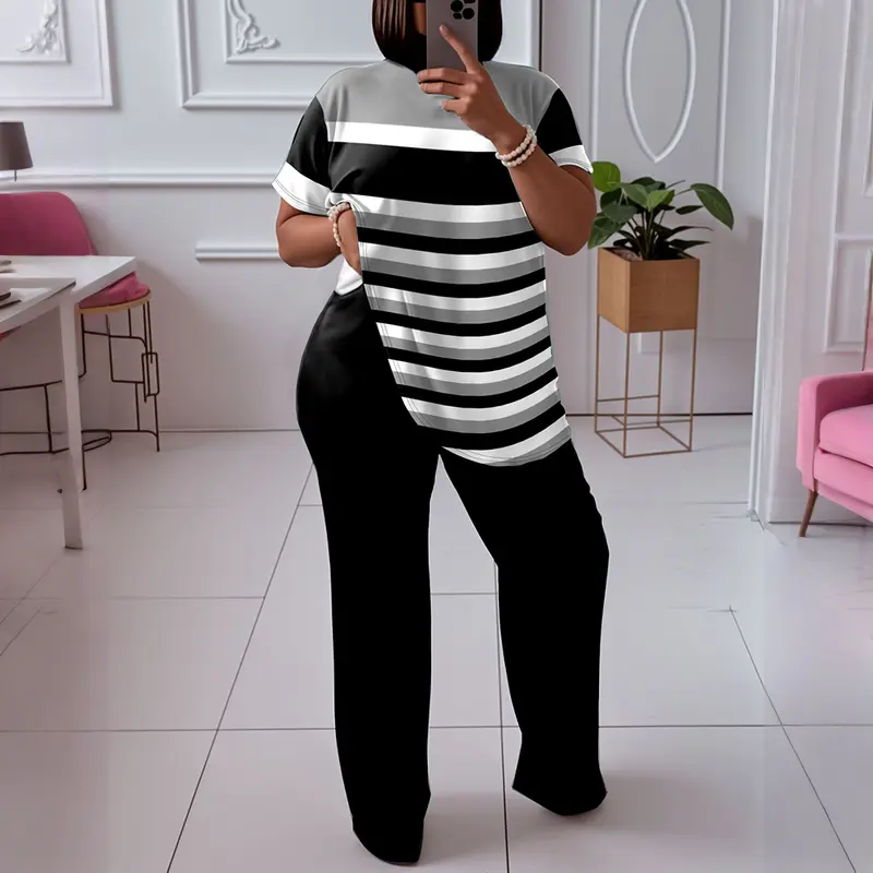 Women's Plus Size Top Adjustable 2-Piece Matching Clothes for Women - Light Short Sleeve Round Neck Striped T-Shirt, Solid Elastic Waist Wide-Leg Pants, Medium Stretch Knit Fabric, Slimming Office Wear for Spring/Fall