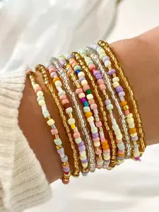 11 Piece Bohemian Style Colorful Crystal Glass Beads Elastic Bracelet Set, Fashionable Simple Women's Party Vacation Multi-Layered Bracelets