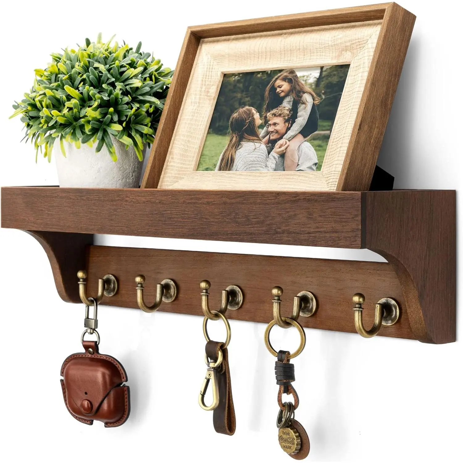 Multi-Purpose Retro Handmade Farmhouse Wooden Wall-Mount Key Holder with 5 Rustic Hooks, Hanging Floating Shelves, Mail Organizer - Easy Installation, 14 in Size (14x3.74x4 in) for Entryway, Kitchen Home Decor