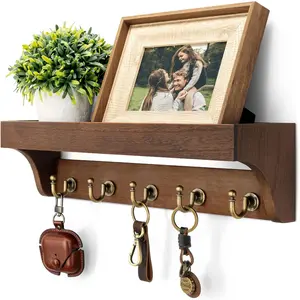 Farmhouse Key Holder for Wall - Decorative Wooden Mail Organizer with 5 Rustic Key Hooks and Floating Shelf for Home Decor, Hallway, Entryway, Appartment (Retro Brown)