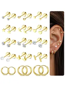 15 Pairs of Small Micro Earrings Female Stud Earrings Hypoallergenic Flat Back Earrings 14K Gold Plated Surgical Stainless Steel Earrings Set Spiral Back Cartilage Earrings