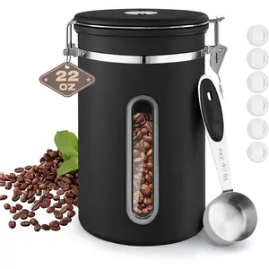 Airtight Stainless Steel Kitchen Canister - 22oz Cylindrical Anti-Leak Detachable Lid Jar, with Black Window, Scoop, Date Tracker, for Beans, Cereal (Coffee Bar Accessory), Detachable Lid Jars