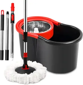 Spin Mop and Bucket with Wringer Set,360° Mop and Bucket System with One Microfiber Mop Refills and 50" Extended Handle for Floor Cleaning (Black)