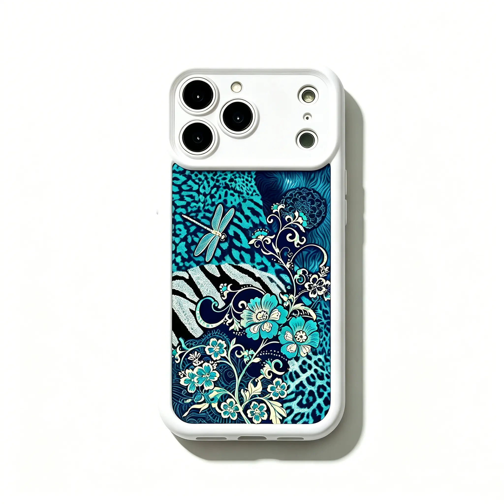 White Frame Case Dragonfly Flowers Animal Print Compatible with iPhone 17 ProMax / 16 ProMax / 15 ProMax / 14 ProMax / 13 ProMax and Samsung Galaxy S26 Ultra / S25 Ultra / S24 Ultra / S23 Ultra / S22 Ultra